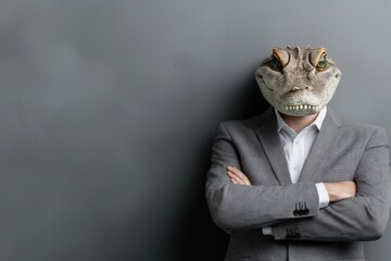 Businessman with caiman head poses confidently in minimalist setting showcasing unique blend of professionalism and creativity