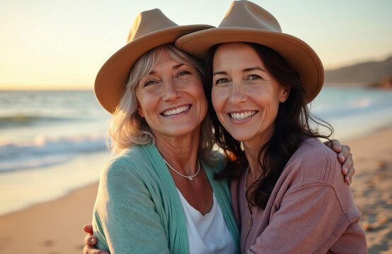 Portrait of two mature women embracing at beach in hats. Older pensioner grey-haired, smiling, fun together. Generation, age, mother, daughter, walking, love, happy, concept, travel, summer, vacation.