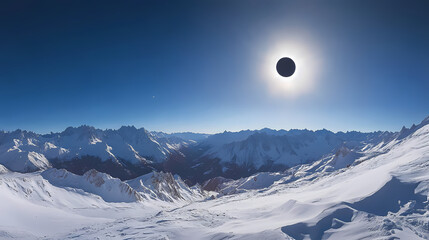 Total solar eclipse happening in over snowy mountains with a planet in the background. Solar Eclipse Over Mountains. Illustration