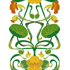 Seamless vertical border with Nasturtium flowers, template in classic style. Vintage Illustration of blossoms in composition ready for use. Art nouveau design for decor, background, textile