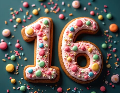 Decorated cookie number sixteen, image for birthday anniversary celebration. Sweet baked dessert with pink glaze, colorful candy sprinkles. Festive party card invitation. Delicious treat for sixteen