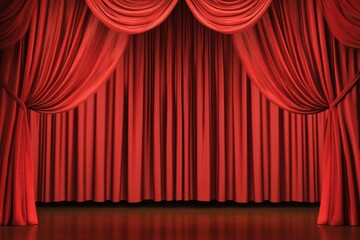 Closed maroon red curtain of stage with spotlight before show. Art performance background. Velvet curtain with arch entrance. Theatre. Nightclub cabaret show. Presentation of classic luxurious work