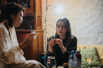 Two women are having an engaging conversation, enjoying drinks in a warmly lit, cozy environment. This scene captures a moment of connection, relaxation, and friendly interaction.