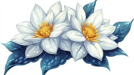 Obraz premium Two beautiful white water lilies bloom amidst green leaves, showcasing delicate petals and vibrant yellow centers, symbolizing purity and tranquility.