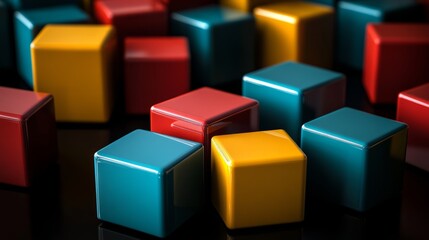 Fototapeta premium Geometric 3D blocks in bold colors, with reflective surfaces, set on a smooth black backdrop