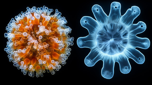 Virus structure representation showing detailed features in vibrant colors under a black background