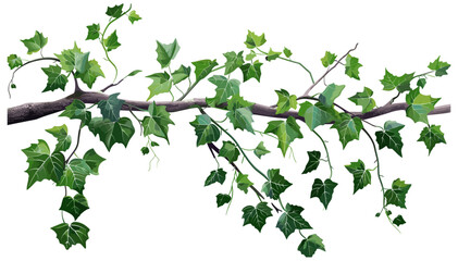 Tree Branch with Climbing Ivy Vector, Lush Green Leaves, Nature Plant, Forest Vine, Botanical Art, Creeping Vine, Jungle Foliage, Eco Concept, Woodland Decor
