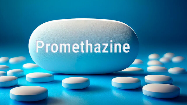 Promethazine pill with the name printed on it, blue background	