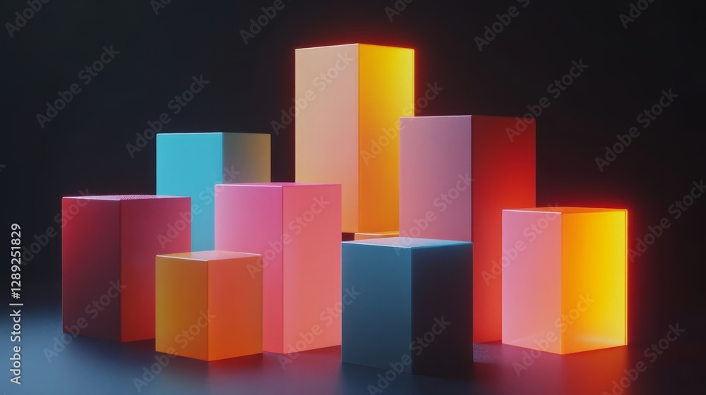 Poster geometric 3d blocks with clean lines and angles, illuminated in varying shades, against a black back