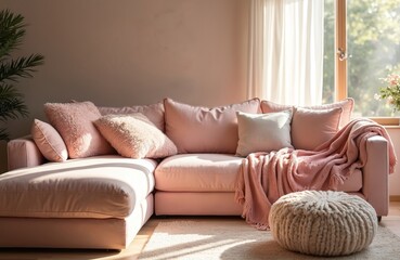 Fototapeta premium Cozy living room with pink sofa, plush textiles, neutral tones. Interior design with comfortable soft couch, pillows, blanket, home decor evokes warmth, modern style, relaxation atmosphere. Elegant