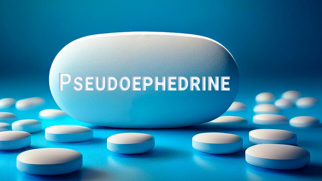 Pseudoephedrine pill with the name printed on it, blue background	