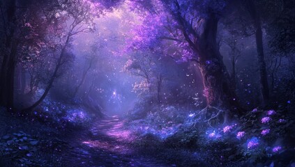 Fototapeta premium Enchanted Forest Path: A Nighttime Journey Through a Magical Woodland
