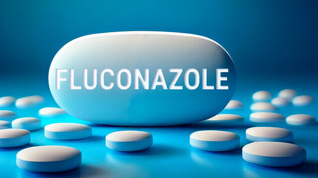 FLUCONAZOLE pill with the name printed on it, blue background	