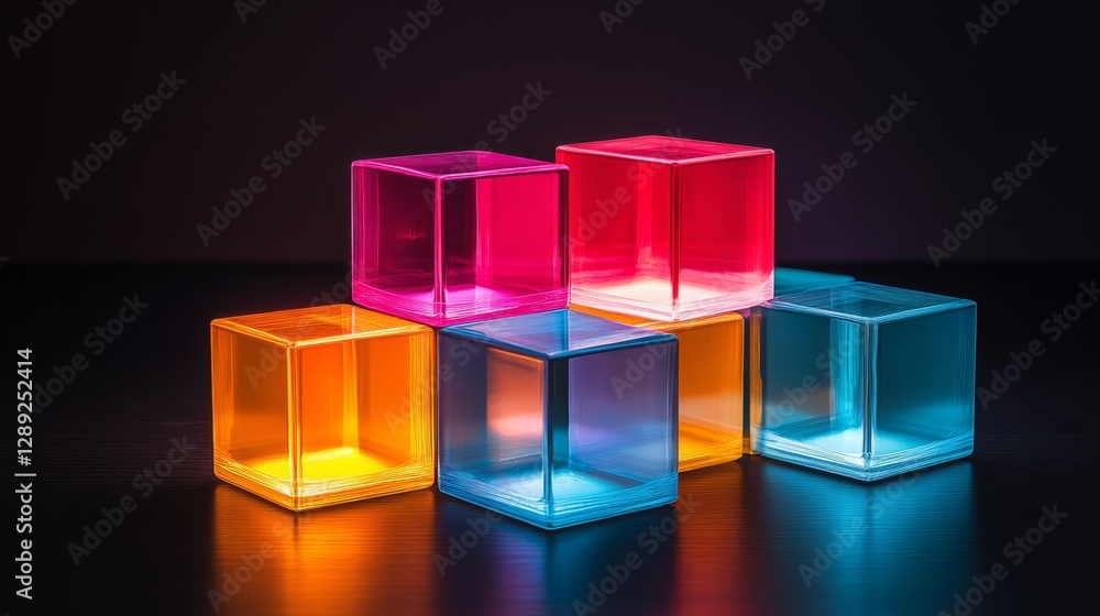Poster geometric 3d blocks with clean lines and angles, illuminated in varying shades, against a black back