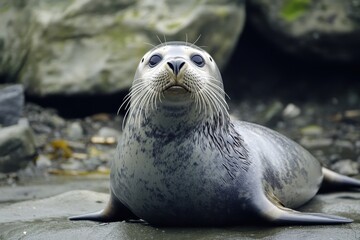 Naklejka premium Bearded Seal in Its Arctic Habitat: A Wild Mammal of Nature's Wonderland
