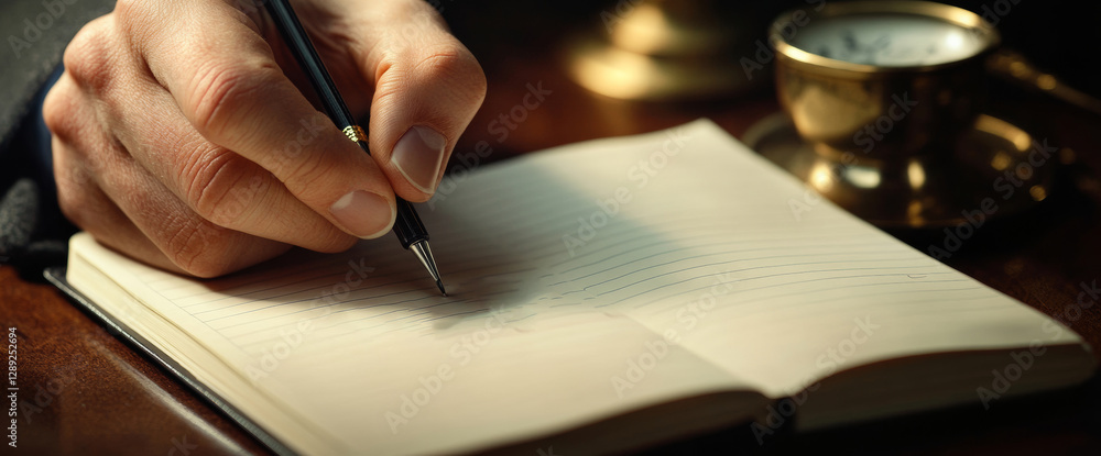 Poster a detective carefully writes notes in a notebook, showcasing attention to detail. the setting includ