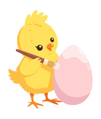 Cute chick painting Easter egg with brush. Happy Easter! Vector isolated illustration