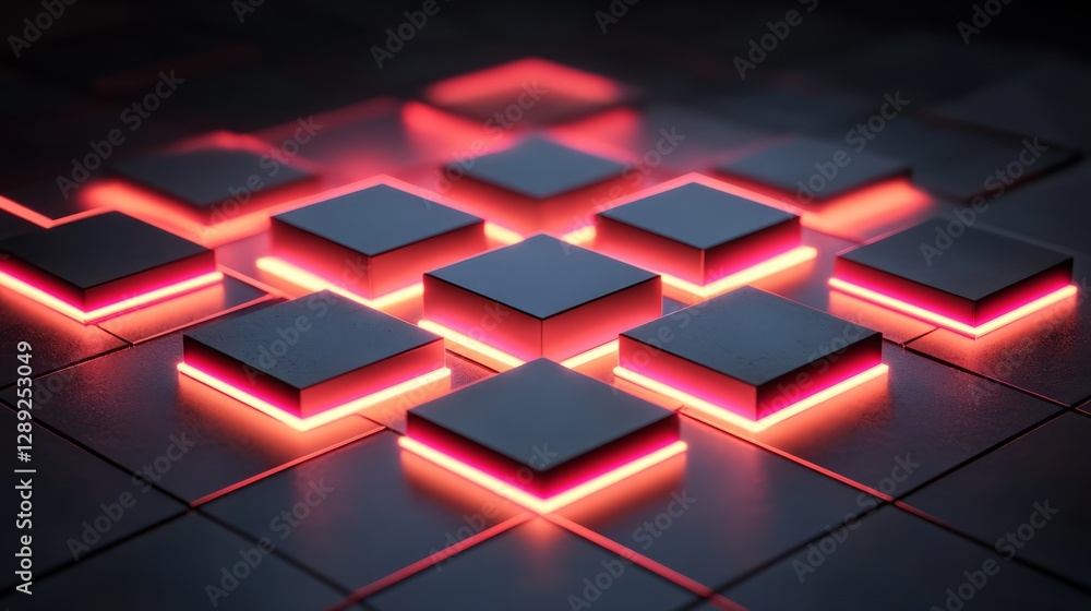 Aufkleber geometric blocks arranged in a dynamic pattern, glowing on a dark black background, high contrast 3d