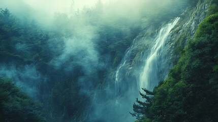 A dramatic waterfall cascading down rocky cliffs surrounded by lush green trees under a cloudy sky with mist.