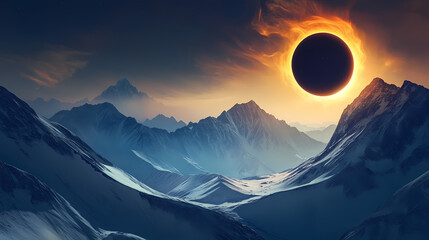 A dramatic solar eclipse is captured over mountains with a glowing light edging the moon. Solar Eclipse Over Mountains. Illustration