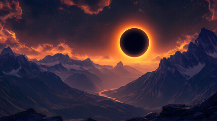 A dramatic solar eclipse is captured over mountains with a glowing light edging the moon. Solar Eclipse Over Mountains. Illustration
