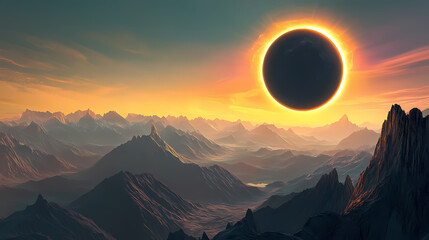 A dramatic solar eclipse is captured over mountains with a glowing light edging the moon. Solar Eclipse Over Mountains. Illustration