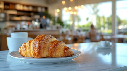 Delicious croissant cafe breakfast sunlight