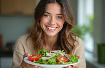 Smiling woman holds plate with fresh salad. Vegetables like lettuce, tomatoes, cucumber, onion. Healthy diet, lifestyle. Happy girl eating balanced lunch full of vitamins in kitchen.