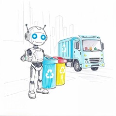 Fototapeta premium Hand drawn metallic robot with blue eyes showing thumb up near colorful trash bins with white recycling symbols, light blue garbage truck, rough lines, textured pencil strokes.