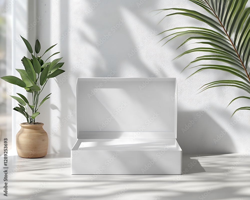 Poster empty white box on table by window