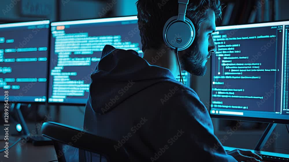 Poster software developer working on multiple screens with code in a dark room, wearing headphones and a ho