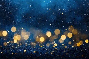 Fototapeta premium A photo capturing a blurry image of a blue and yellow background Shimmering confetti against a midnight blue backdrop .