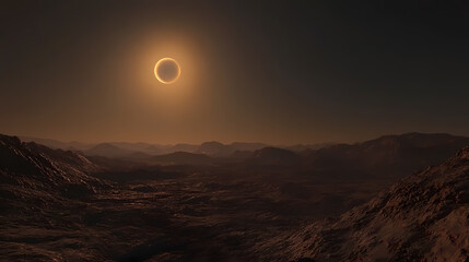 Obraz premium Dramatic solar eclipse casting shadows over a rocky, barren terrain, with the sky gradually darkening as the sun is obscured by the moon. Solar Eclipse Over Mountains. Illustration