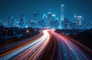 Obraz premium Night cityscape with skyscrapers, light trails. Smart city concept, digital transformation, AI, modern architecture. Double exposure effect. Perfect for tech, business, transportation, future-themed