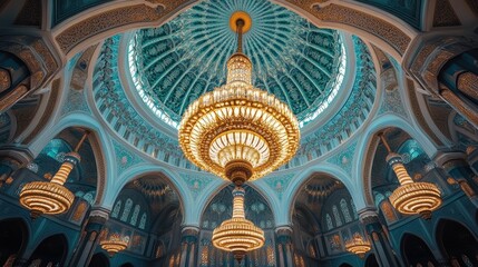 Obraz premium Majestic Interior of Grand Mosque with Ornate Chandeliers and Dome