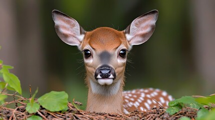 Close-up fawn in forest, wildlife, nature, adorable