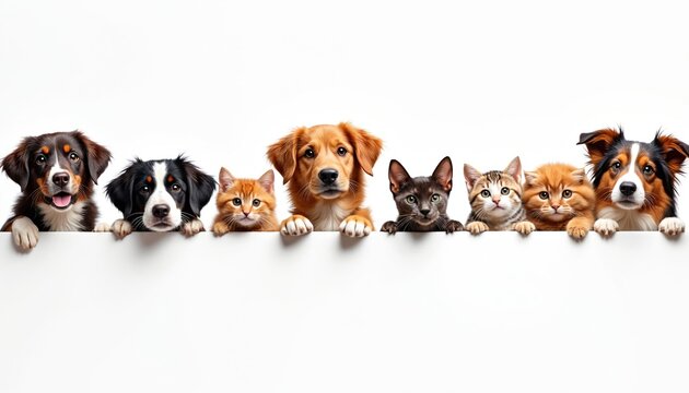 Group portrait of dogs and cats peeking over banner on transparent background. Several dog breeds and kitten breeds together looking playful. Friends pets concept, advertisement banner design.