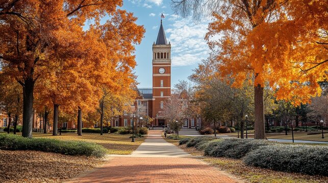 Autumn Splendor at Auburn University 2022: A Scenic Landmark with Majestic Tower Amidst Colorful Fall Leaves