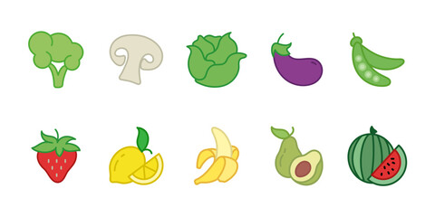 Vegetables and fruits icon set colored. Healthy food symbol. Organic vegetable and fresh fruit vector illustration. Natural nutrition sign. Grocery and market pictogram. Farm harvest and diet concept.