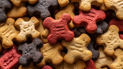 Fototapeta premium Assorted Hard Dog Treats: Crunchy Biscuits in Red, Brown, and Tan Colors