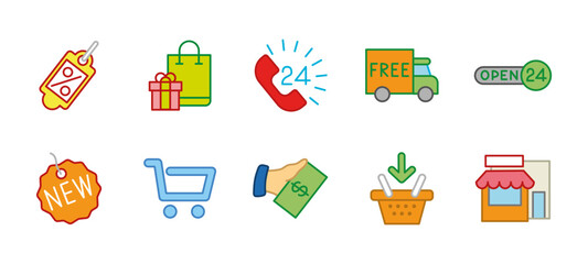 Online ecommerce icon set. Shopping and retail symbol colorful collection. Discount tag, store and basket vector illustration. Free delivery and e-commerce sign. Payment and checkout colored pictogram