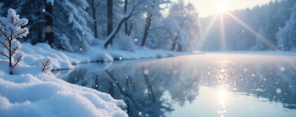 Delicate snowflakes gently fall on a frozen lake, snowy scenery, peaceful atmosphere