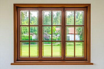 Fototapeta premium New wooden PVC window with brown metal frame installed at modern house, view of blurred green trees, blue sky. Advertising. Typical installation of insulated glazing windows with uPVC window frames.
