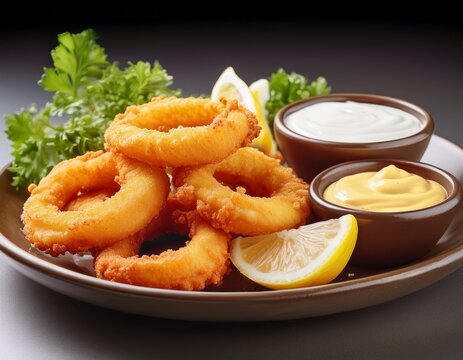 Fotograf&iacute;a de estudio profesional de un Plato de anillos de calamares fritos con boles peque&ntilde;os de lim&oacute;n y salsa picante de alioli, de fondo blanco, 4k, ultra realista.