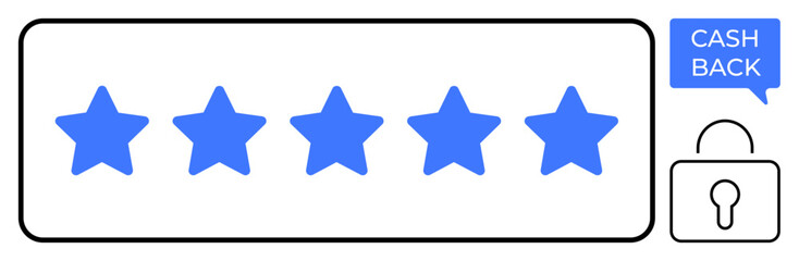 Five blue stars in a horizontal row indicating a high rating. Blue Cash Back badge and padlock icon emphasize secure transactions. Ideal for quality assurance, customer satisfaction, secure