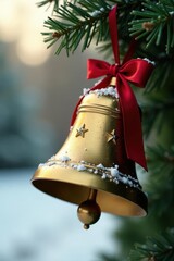 Golden Christmas bell with red ribbon in winter landscape, natural, green, christmas