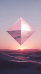 Surreal desert scene: single floating geometric shape, pastel palette, minimal shadows