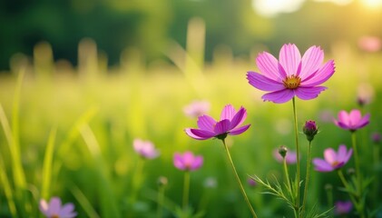 Pink cosmos flowers bloom in a lush green field with tall grasses and wildflowers, purple, wildflowers, grass