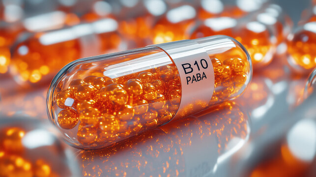 Capsule containing vibrant orange beads labeled B10 PABA showcases dietary supplement in a reflective setting with soft lighting