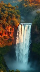 A stunning waterfall with golden tones and lush vegetation surrounding it in a misty environment at sunrise, waterfall, landscape, forest